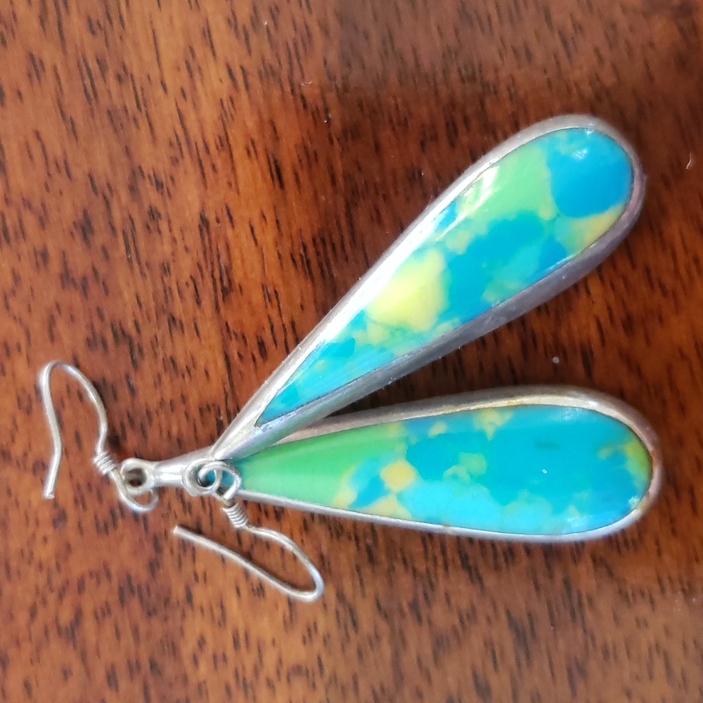 VINTAGE Sterling Silver Enamel Teardrop Earrings • Modernist Dangle